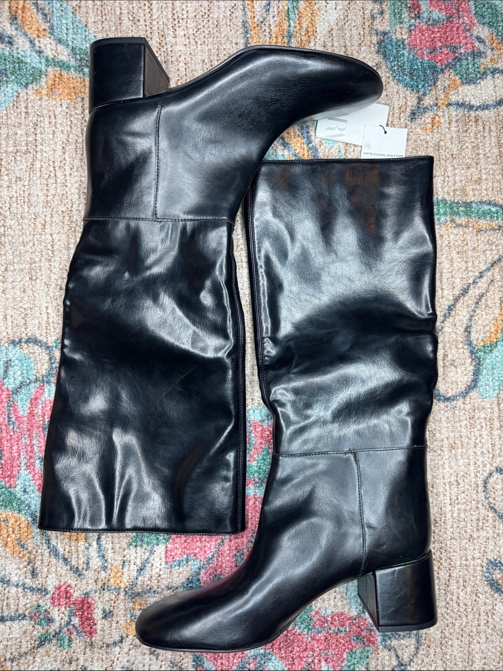 Zara Black Faux Leather Knee High Boots Size 41 NWT